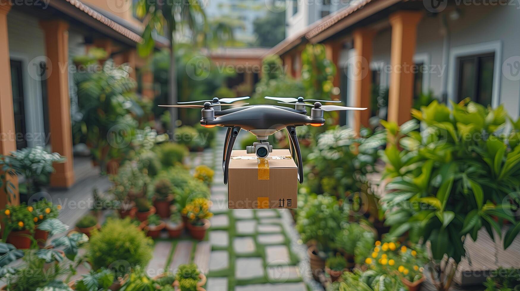 Drone delivering a package box, delivery private home ownership. Future transportation with 5G technology concept. Autonomous unmanned aerial vehicle used to transport packages photo