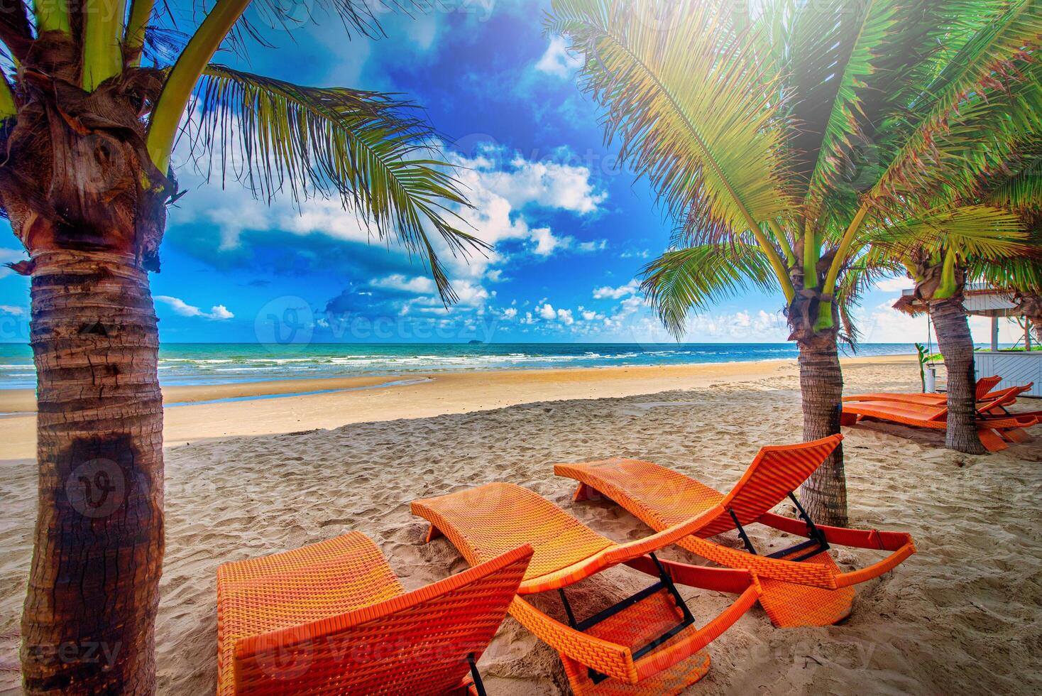Beach chairs and coconut palm tree with blue sky background on the tropical beach at daytime photo