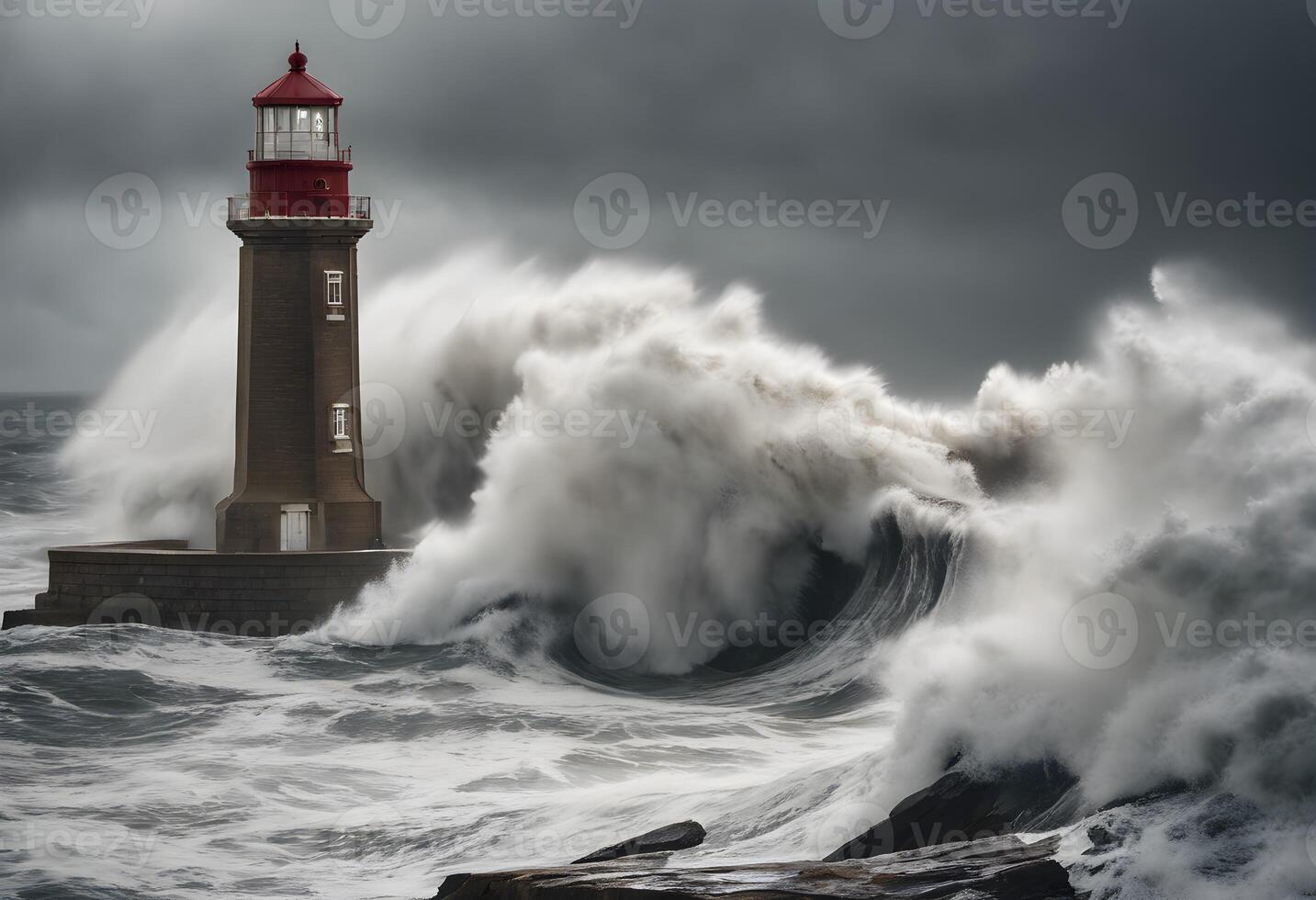 A view of a Lighthouse with waves crashing over it photo