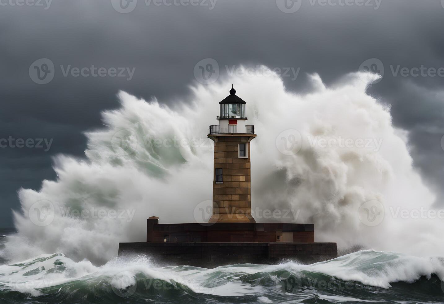 A view of a Lighthouse with waves crashing over it photo