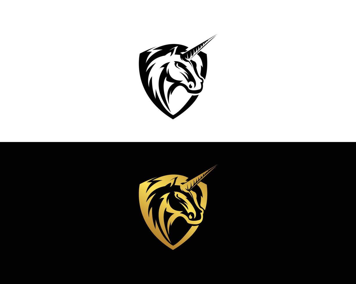 Simple shield unicorn horse logo design concept template. vector