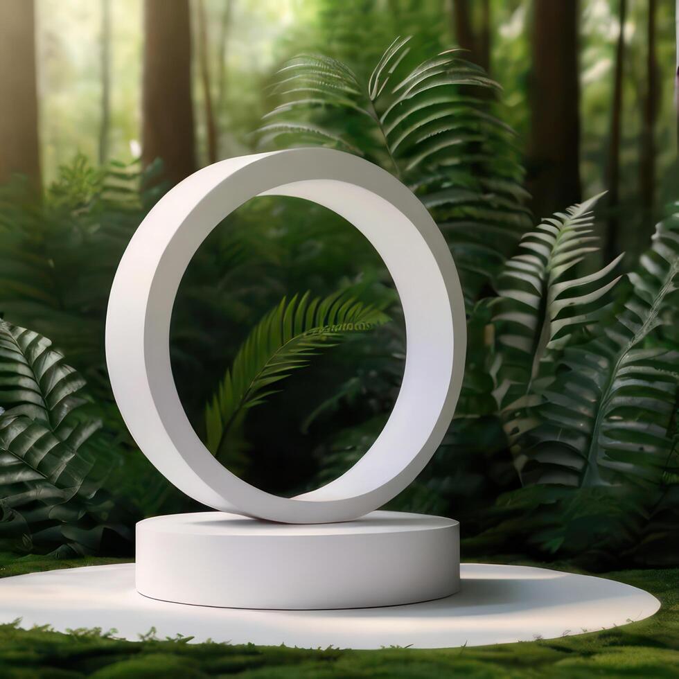 un elegante anuncio de un blanco modelo podio Bosquejo de un natural orgánico cosmético productos foto