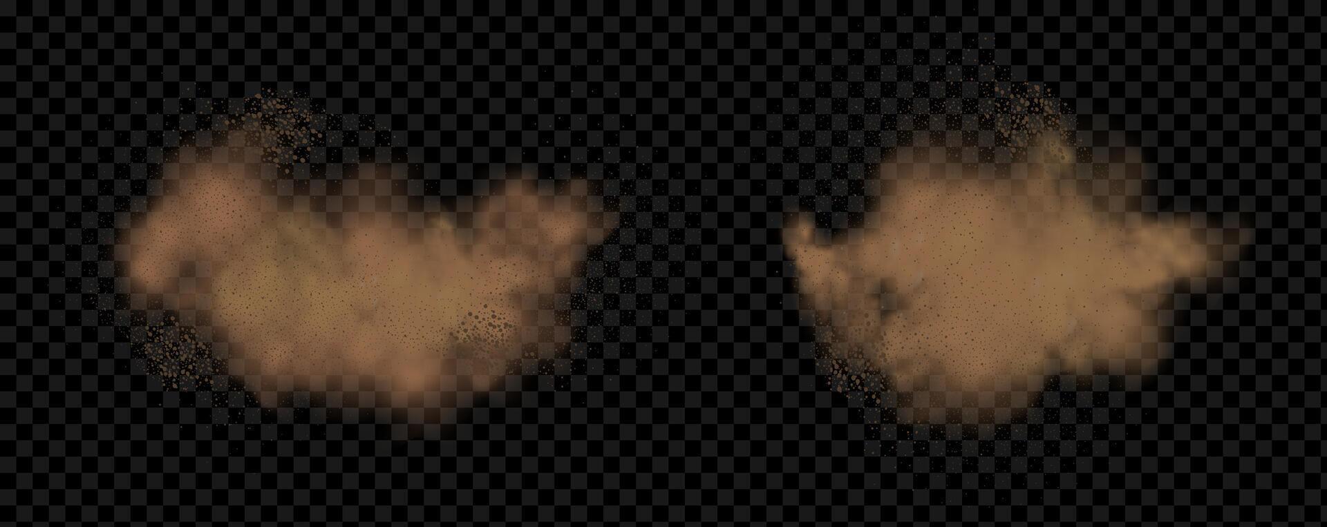 Background of a sand explosion with dirt and cloud smoke. Brown sandstorm splash and dirty ground with a textured wind effect.Yellow flying particles and stone. vector