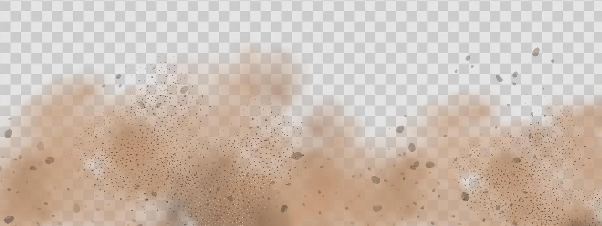 Background of a sand explosion with dirt and cloud smoke. Brown sandstorm splash and dirty ground with a textured wind effect.Yellow flying particles and stone. vector