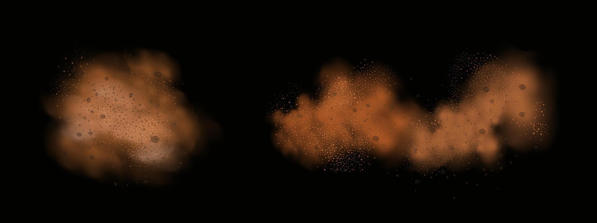 Background of a sand explosion with dirt and cloud smoke. Brown sandstorm splash and dirty ground with a textured wind effect.Yellow flying particles and stone. vector