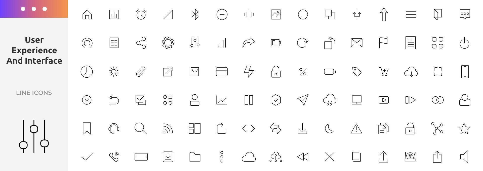 User experience and interface icon set. UI flat icons collection.Basic User Interface Essential Set. Outline icon pack for App, Web, Print. Pixel perfect 64 x 64 vector