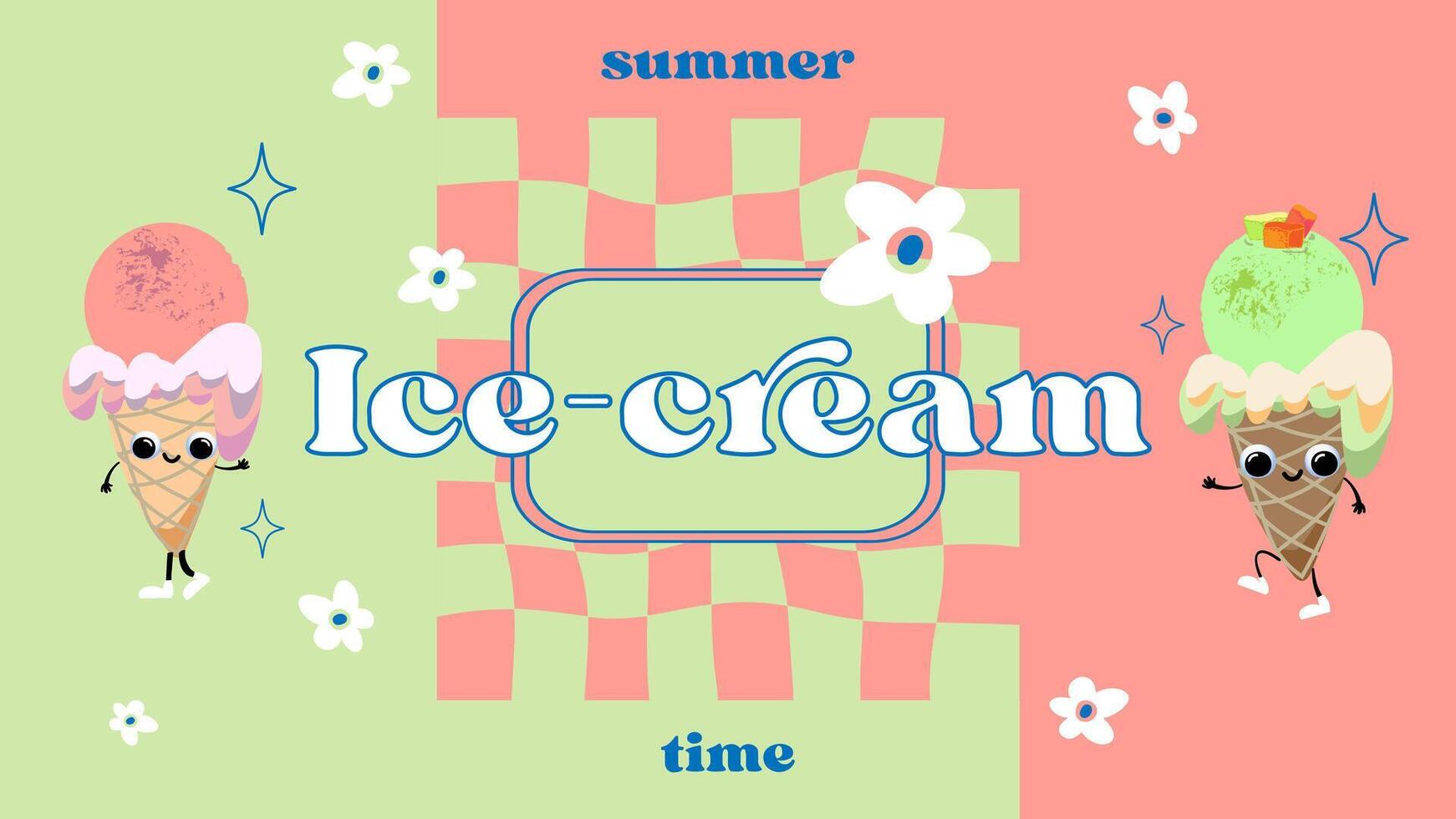 Poster about ice cream in trendy retro style. 70s nostalgia. illustration vector