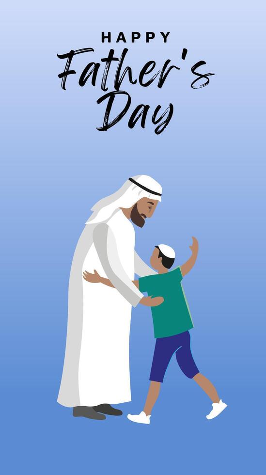 musulmán padre y hijo dando bruja con texto contento padre día, vector