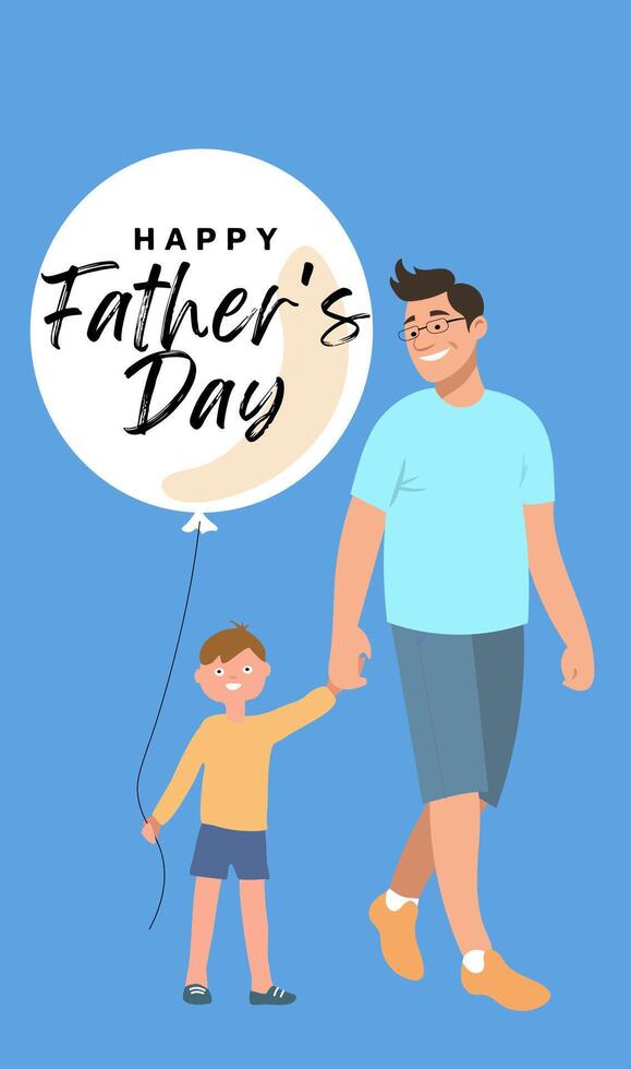 Happy Father's Day illustration, dad walking with his son. Concept of fatherhood, parenting, and childhood in flat design. vector