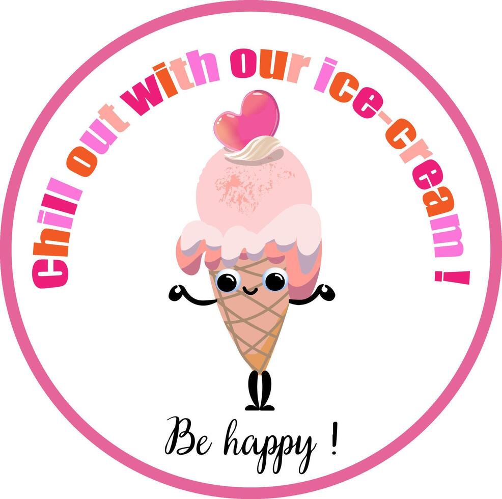 sticker design for ice cream cone in kawaii style on a round vector