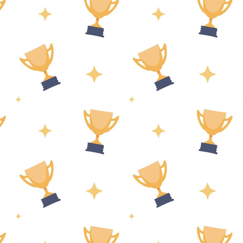Winners cup and stars seamless pattern. Gold prize repeat on white background. Cartoon style. Championship or competition trophy. Sports achievement sign. vector