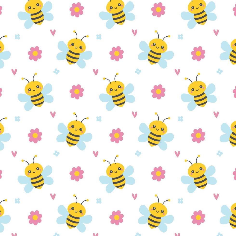 Bees, flowers and hearts on white seamless pattern. Cute childish nature design in cartoon flat style for cover, print. vector