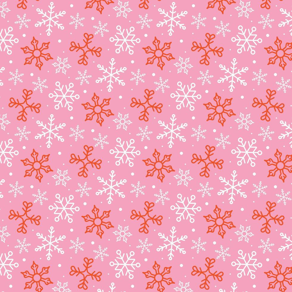 Christmas snowflakes seamless pattern. White and red snowflakes on pink background. Beautiful modern winter holiday design. vector