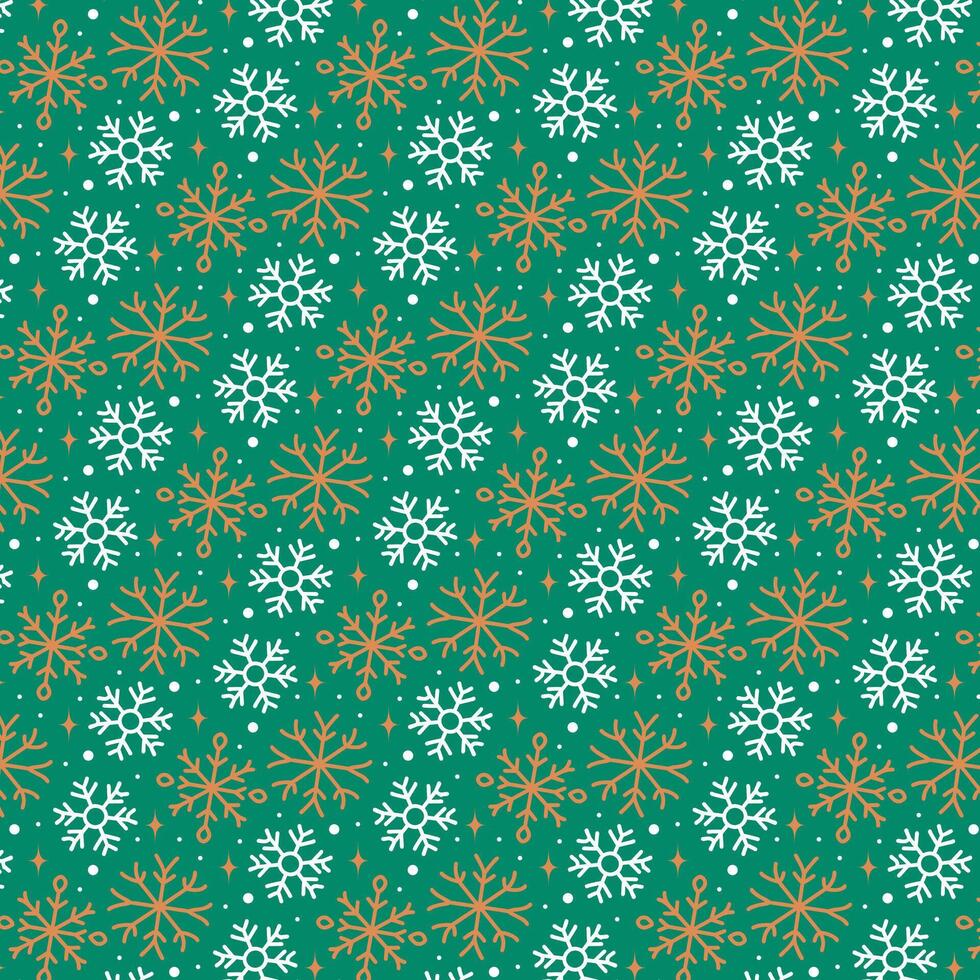 Christmas snowflakes seamless pattern. White and golden snowflakes on green background. Beautiful modern winter holiday design. vector
