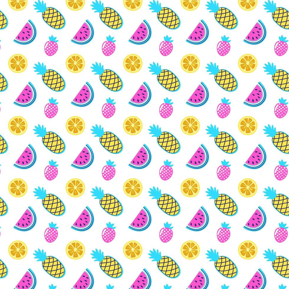 Fruit bright seamless pattern. Colorful tropical fruits on white background. Fashion illustration in modern style. Summer abstract design. vector