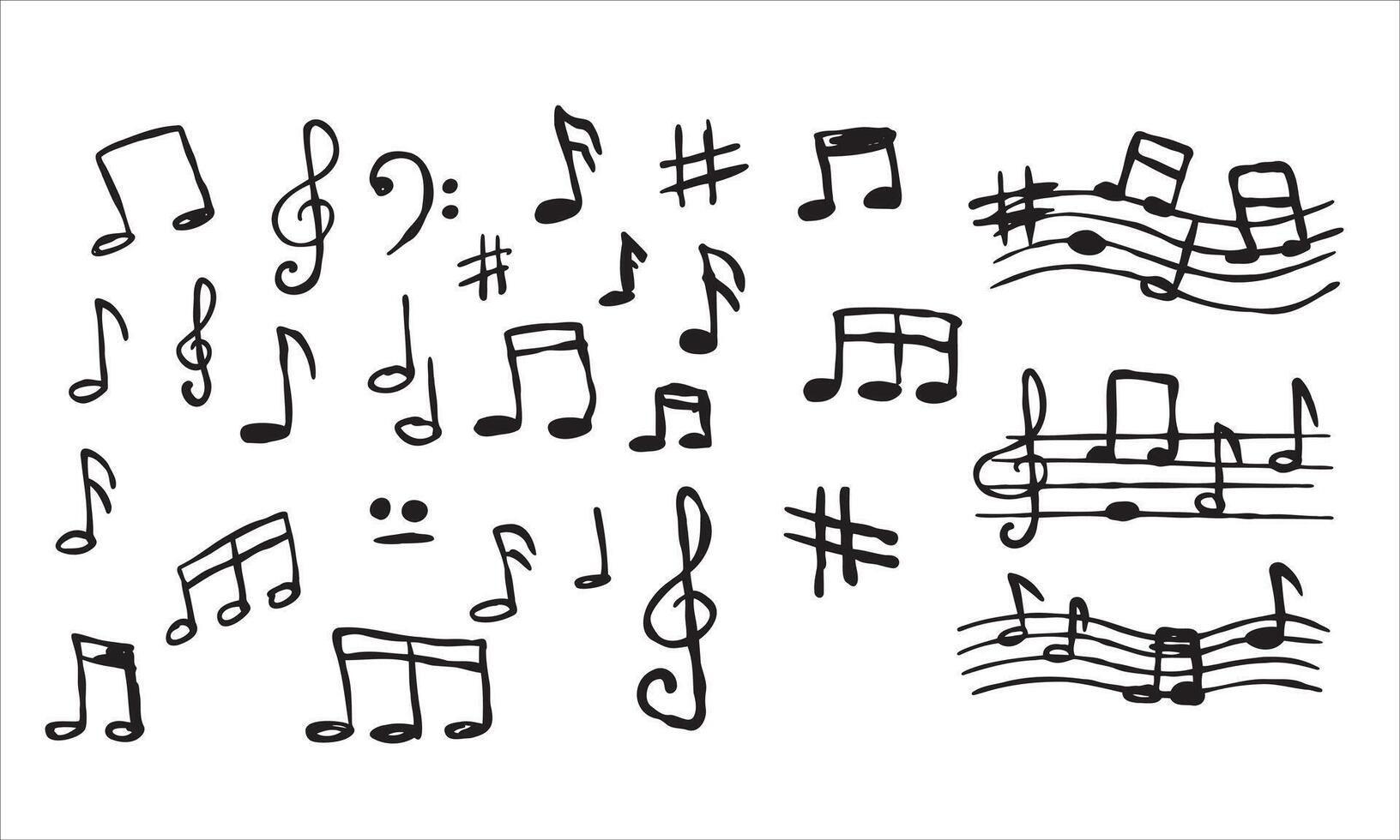 Music note sketch style. Doodle melody symbol set. Creative drawing sign isolated on white. Classic musical element collection vector