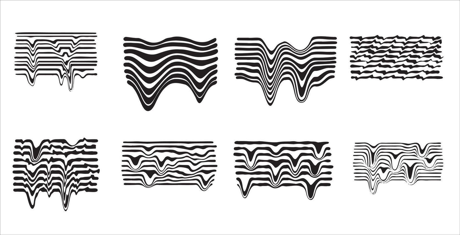 Distortion line. Black glitch minimal texture. Modern abstract distorted pattern. Creative dynamic effect collection on white. Set of geometric wavy stripe vector