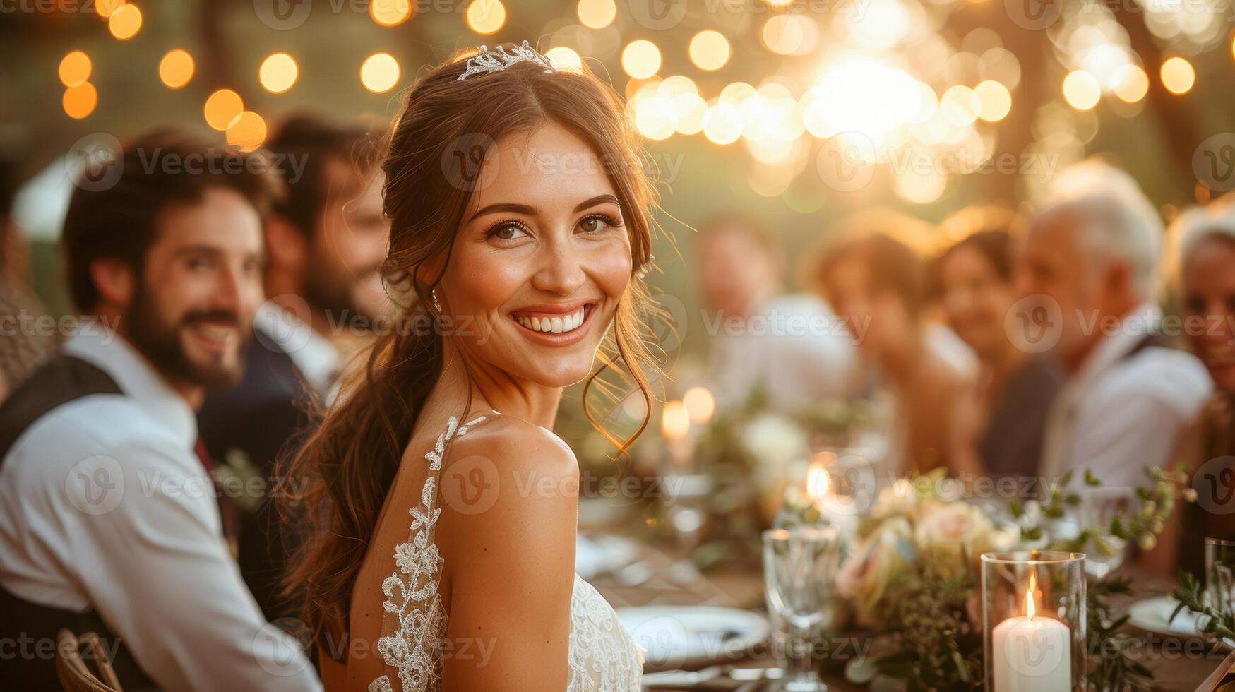 Radiant Bride Smiling at Elegant Outdoor Wedding Reception with Guests photo