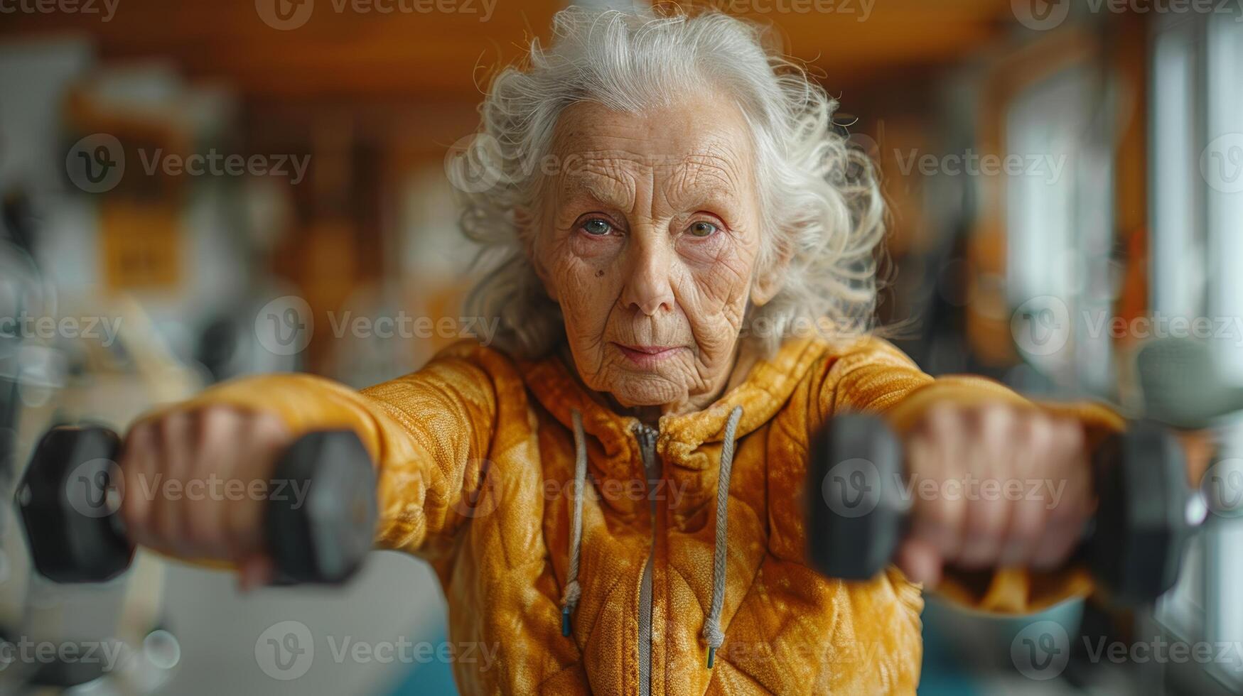 mayor mujer en un gimnasio formación con pesas debajo físico terapeuta Guia foto