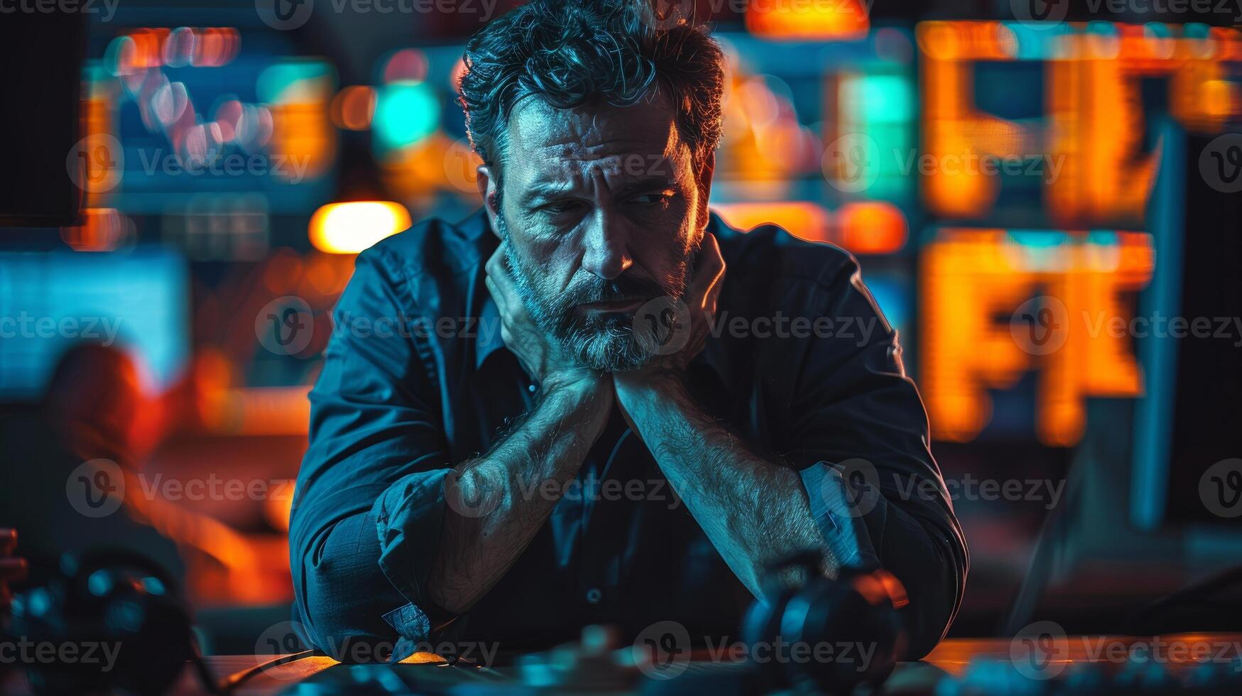 Stressed Business Man at Desk with Cryptocurrency Trading Screens in Background photo