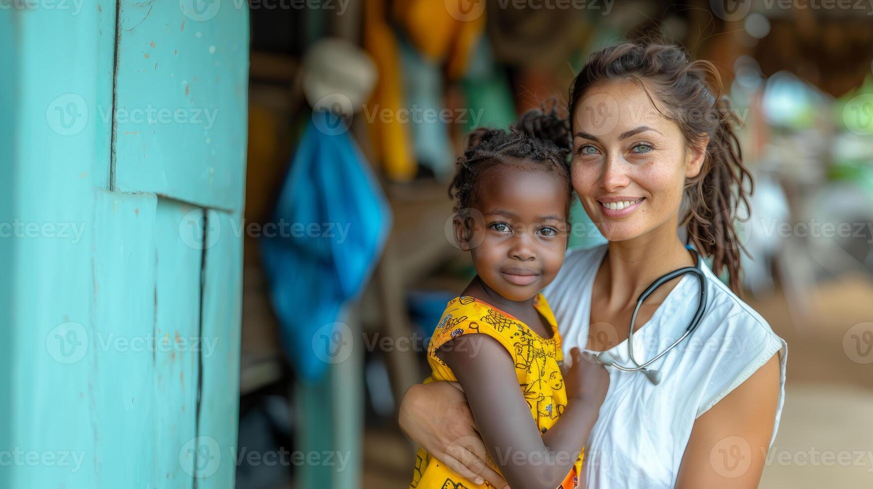 Smiling Female Caregiver Embracing a Joyful Young Girl in a Rustic Clinic Setting photo