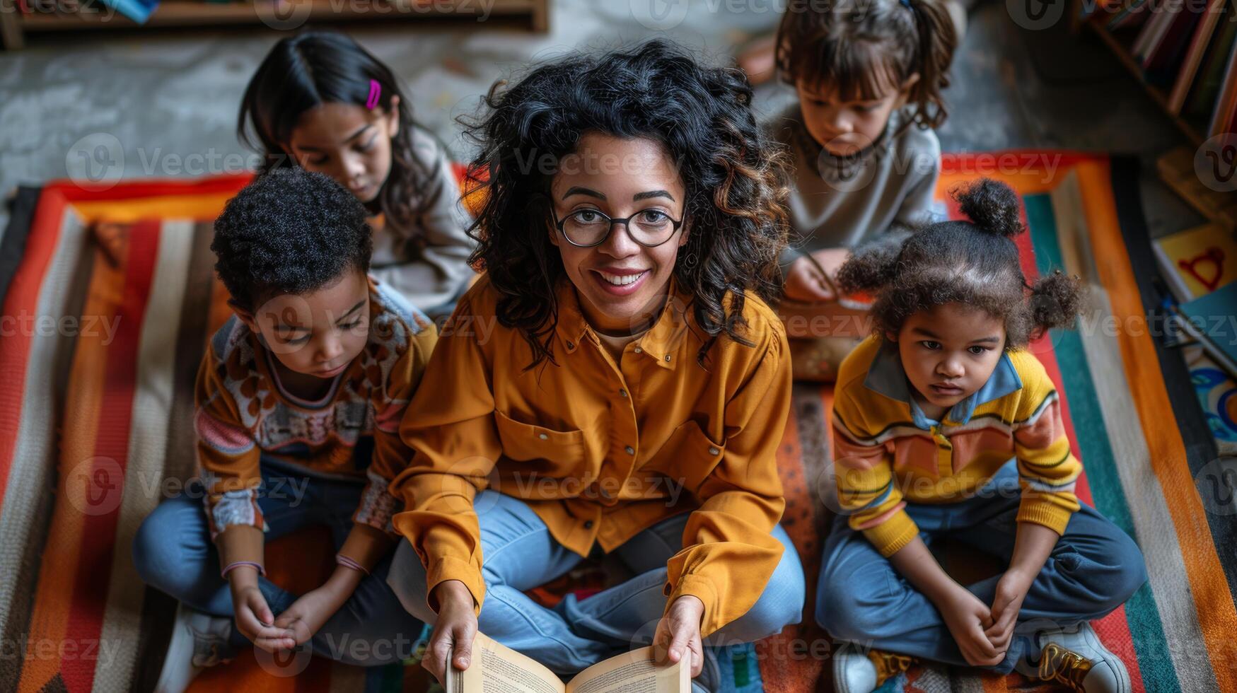 Enthusiastic Female Teacher Reading a Book to Diverse Group of Attentive Children Sitting on the Floor photo