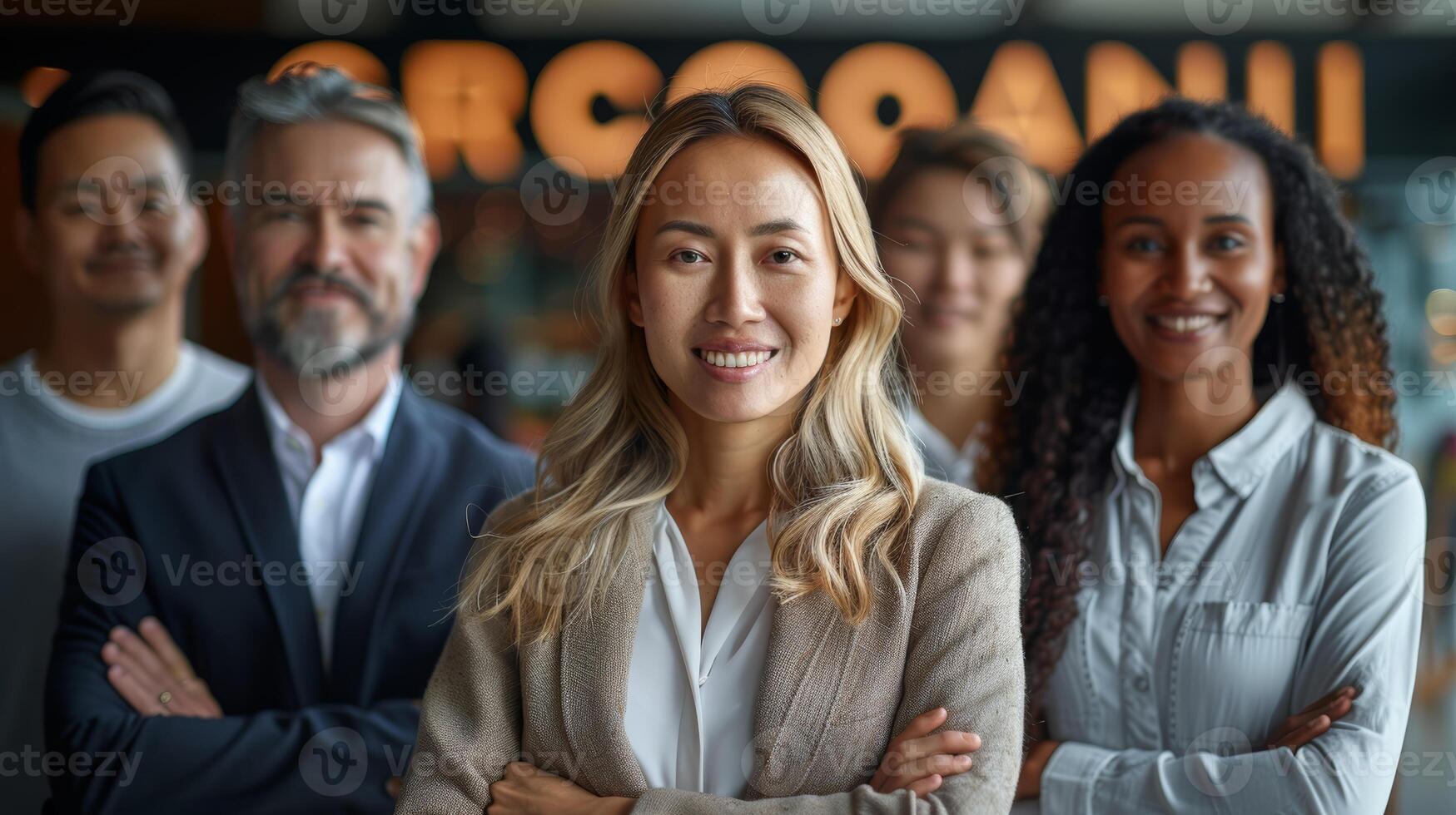 diverso grupo de exitoso negocio profesionales posando juntos en un moderno oficina ajuste foto