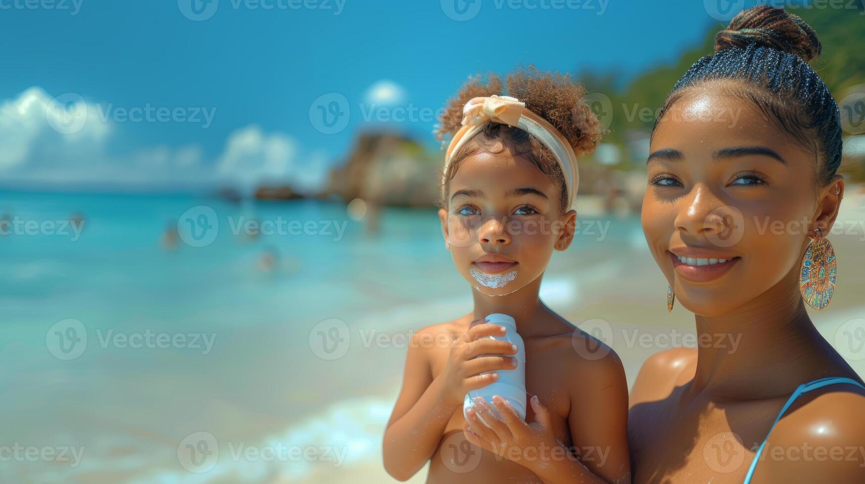 Young Mother Applying Sunscreen on Daughter at Tropical Beach, Family Vacation Moment photo