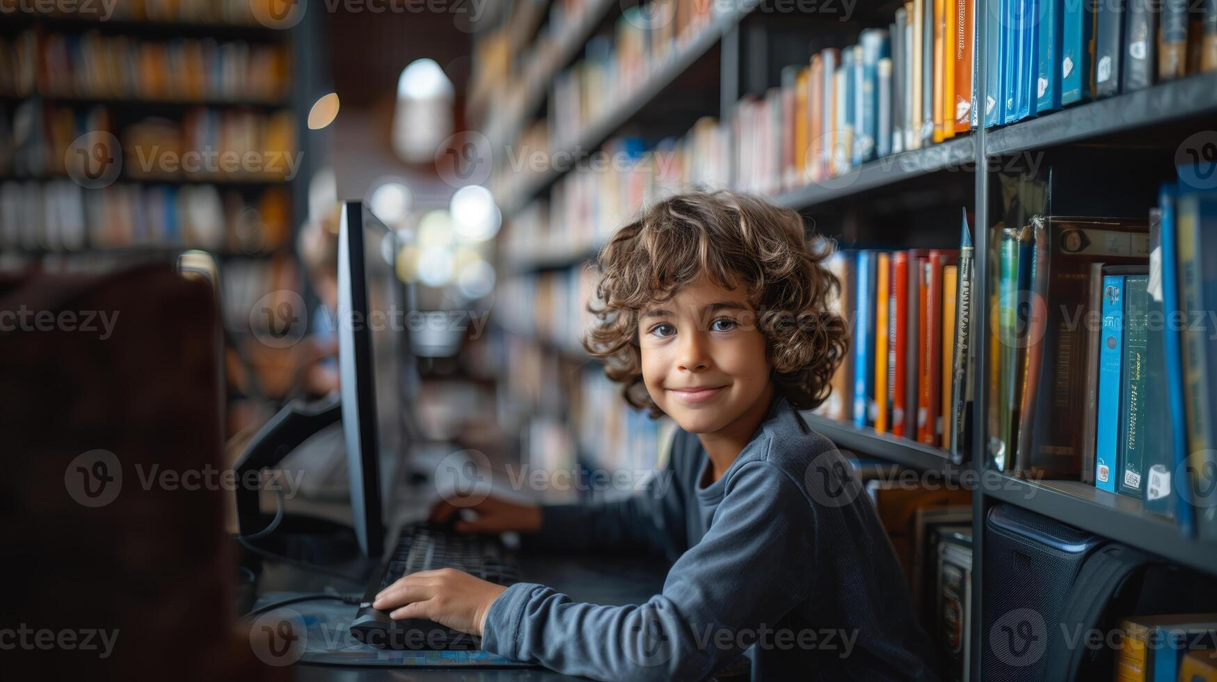 Young Boy Cheerfully Using Computer in Library Surrounded by Books photo