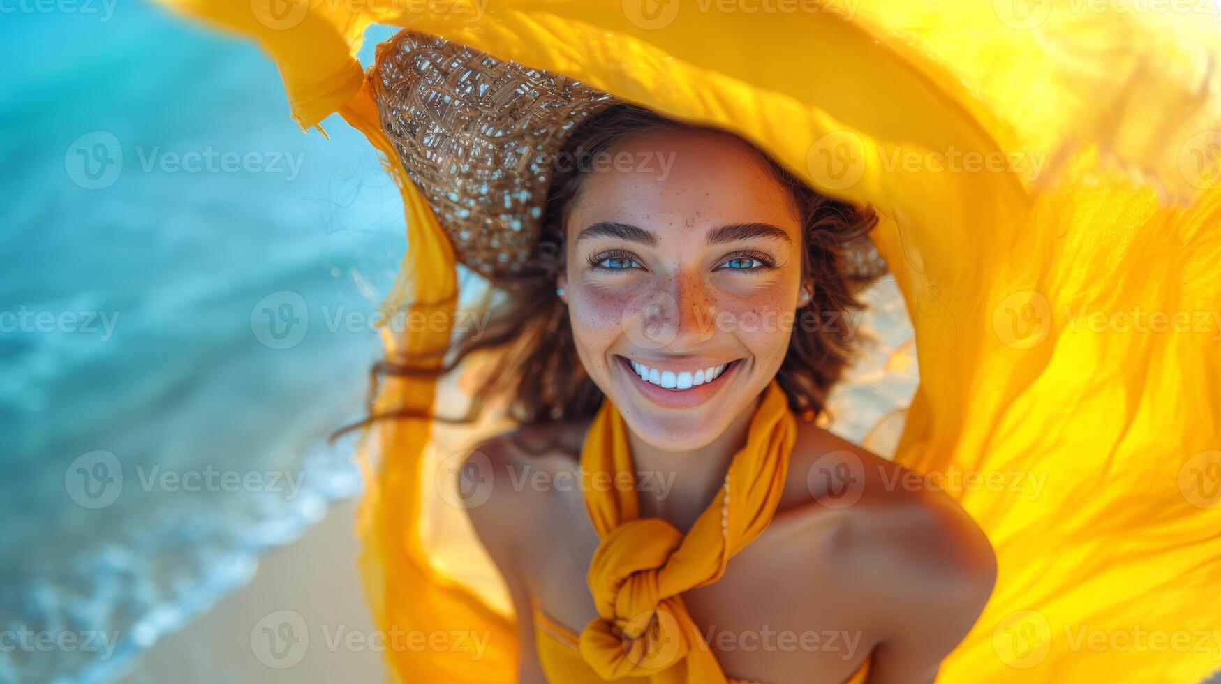 Radiant Woman in Yellow Scarf Enjoying Sunny Beach Day with Ocean in Background photo