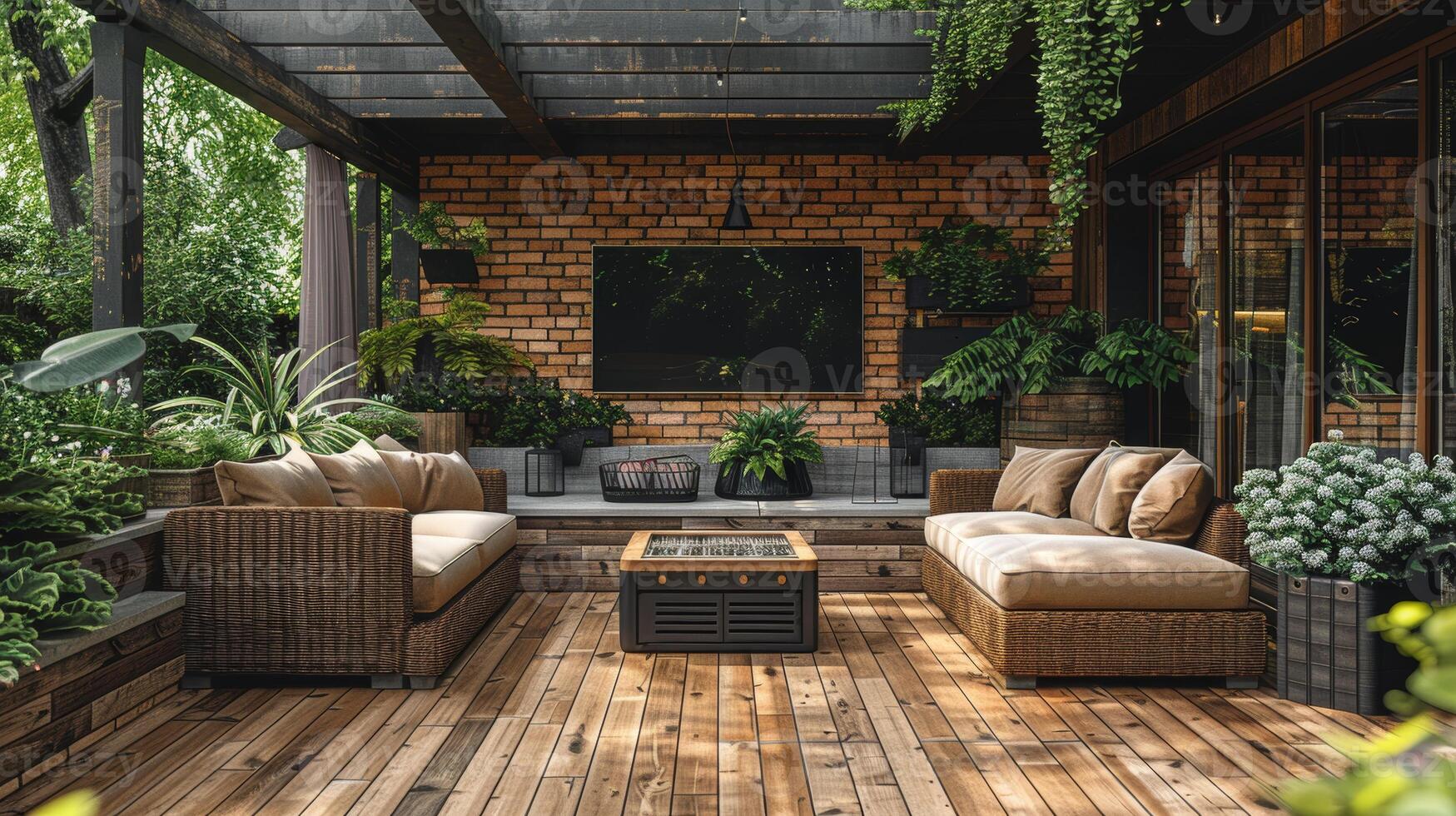 Luxurious Outdoor Living Space with Modern Wicker Furniture and Lush Plants photo