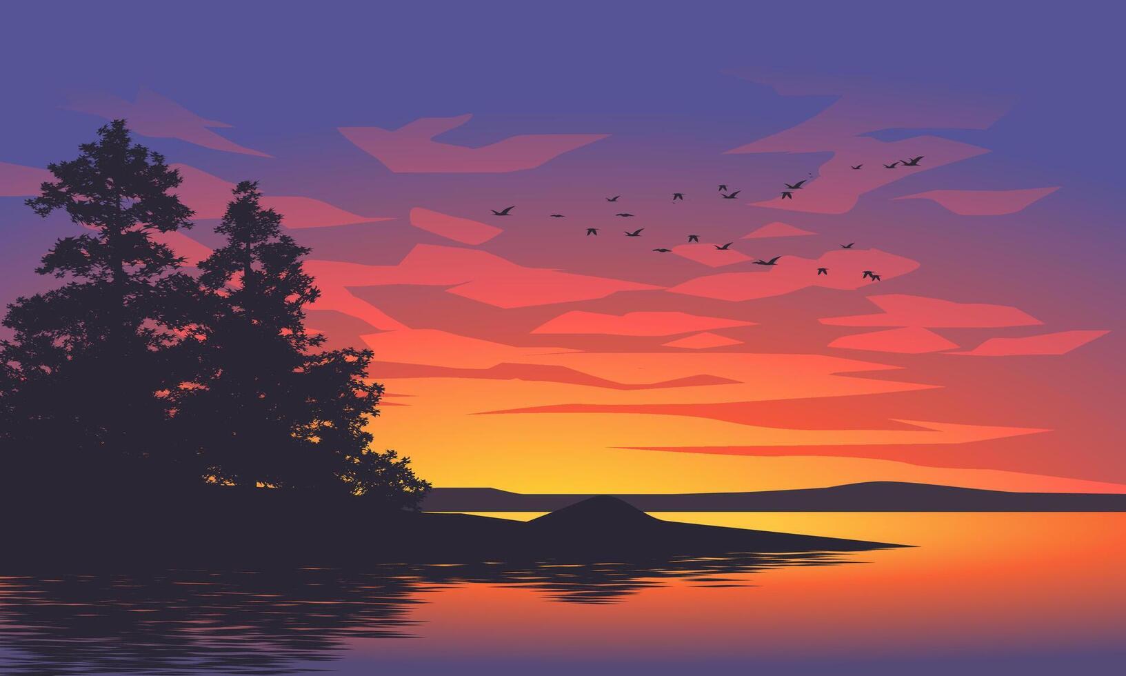 evening landscape with tree silhouette and glowing colorful sky vector