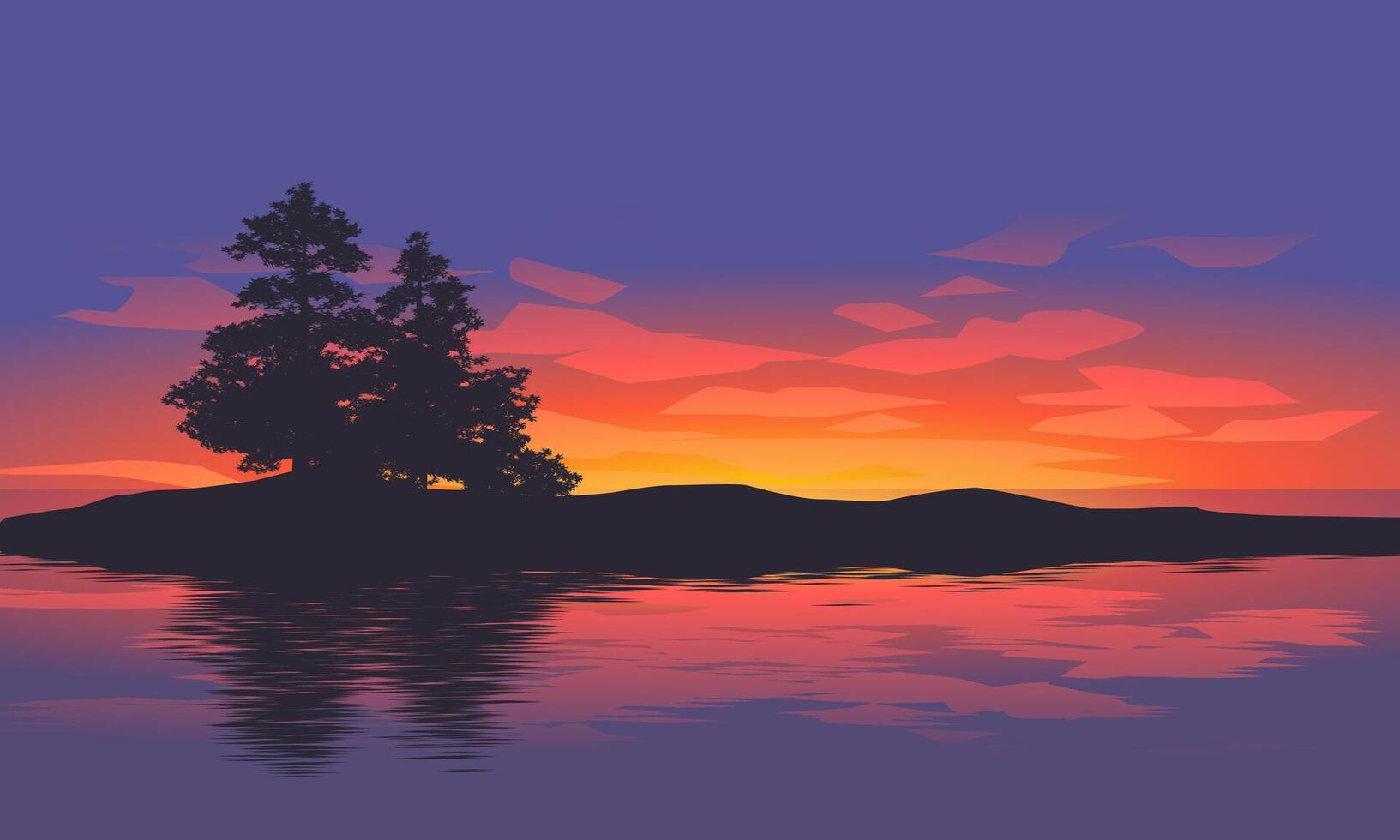 noche paisaje con reflexión de árbol silueta vector