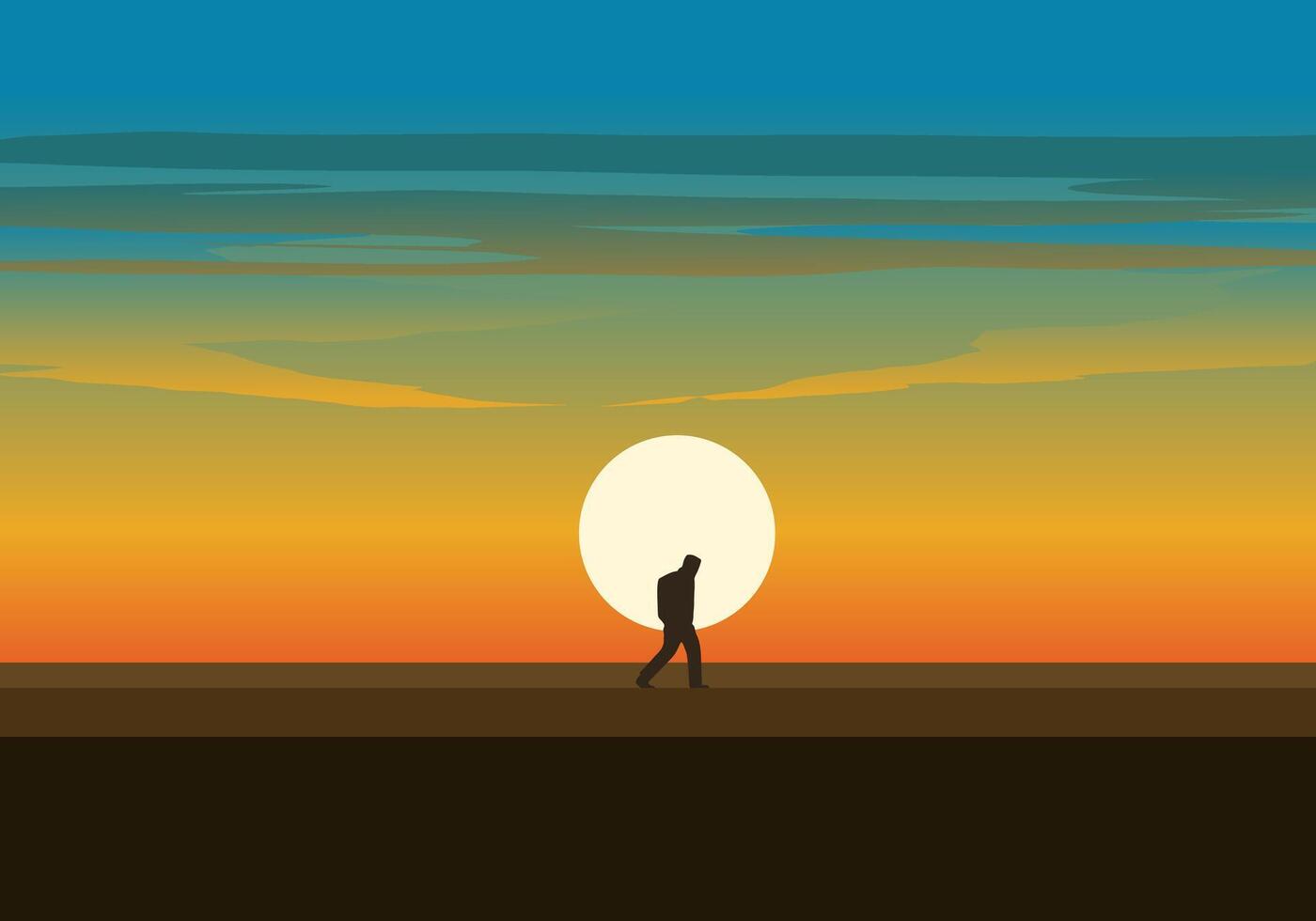 viajero caminando solo en puesta de sol vector