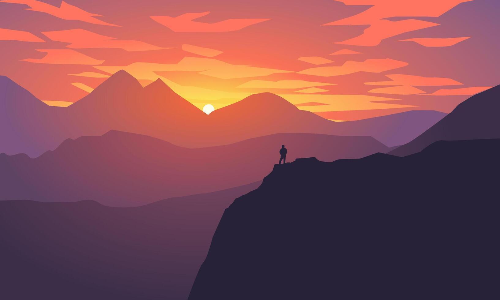 montaña paisaje con un hombre en pie en el parte superior del colina vector
