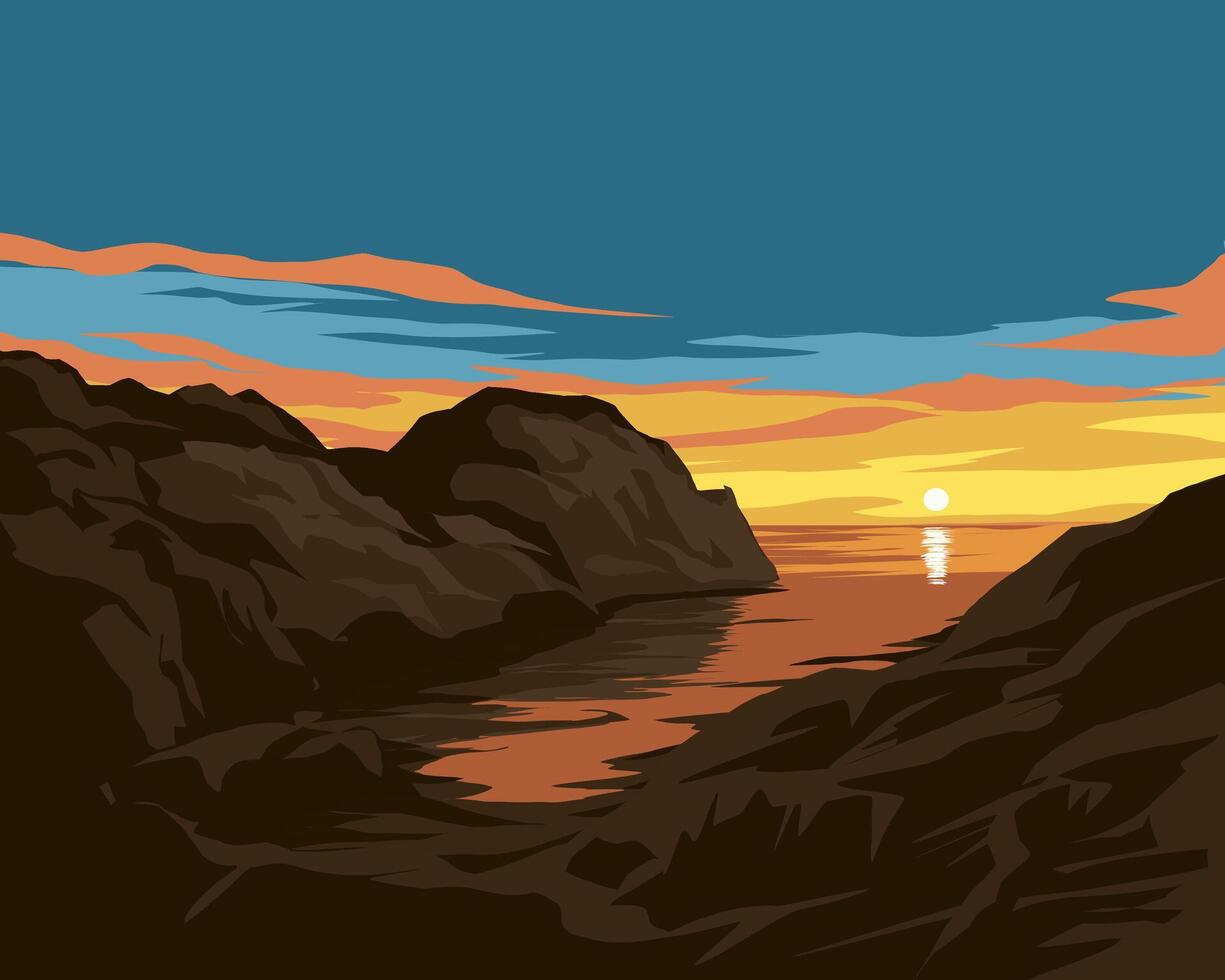 Beautiful tranquil coasta sunsetl landscape with hilla and rocks vector