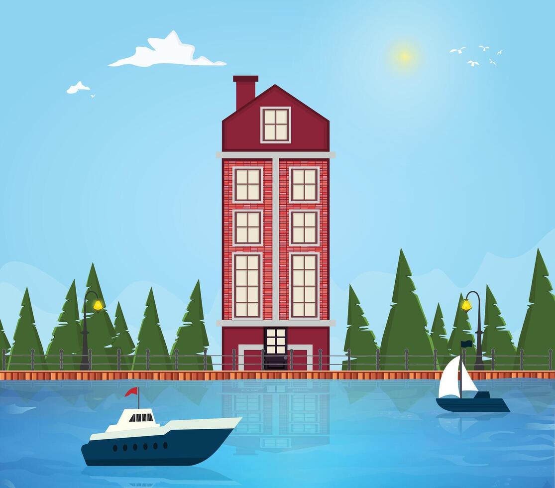Modern apartment in front of lake, river wooden cottage residential home building or bungalow nature illustration vector