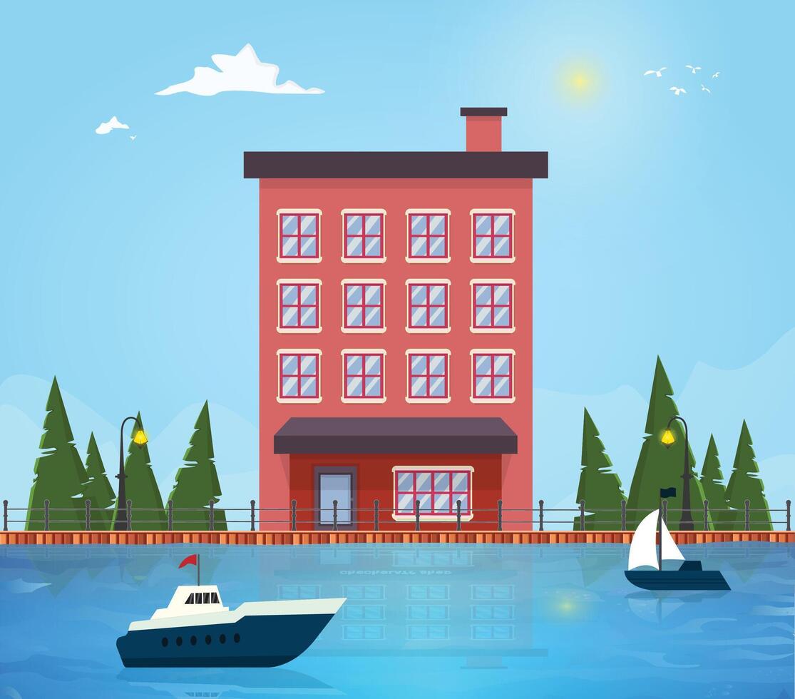 moderno Departamento en frente de lago, río de madera cabaña residencial hogar edificio o bungalow naturaleza ilustración vector