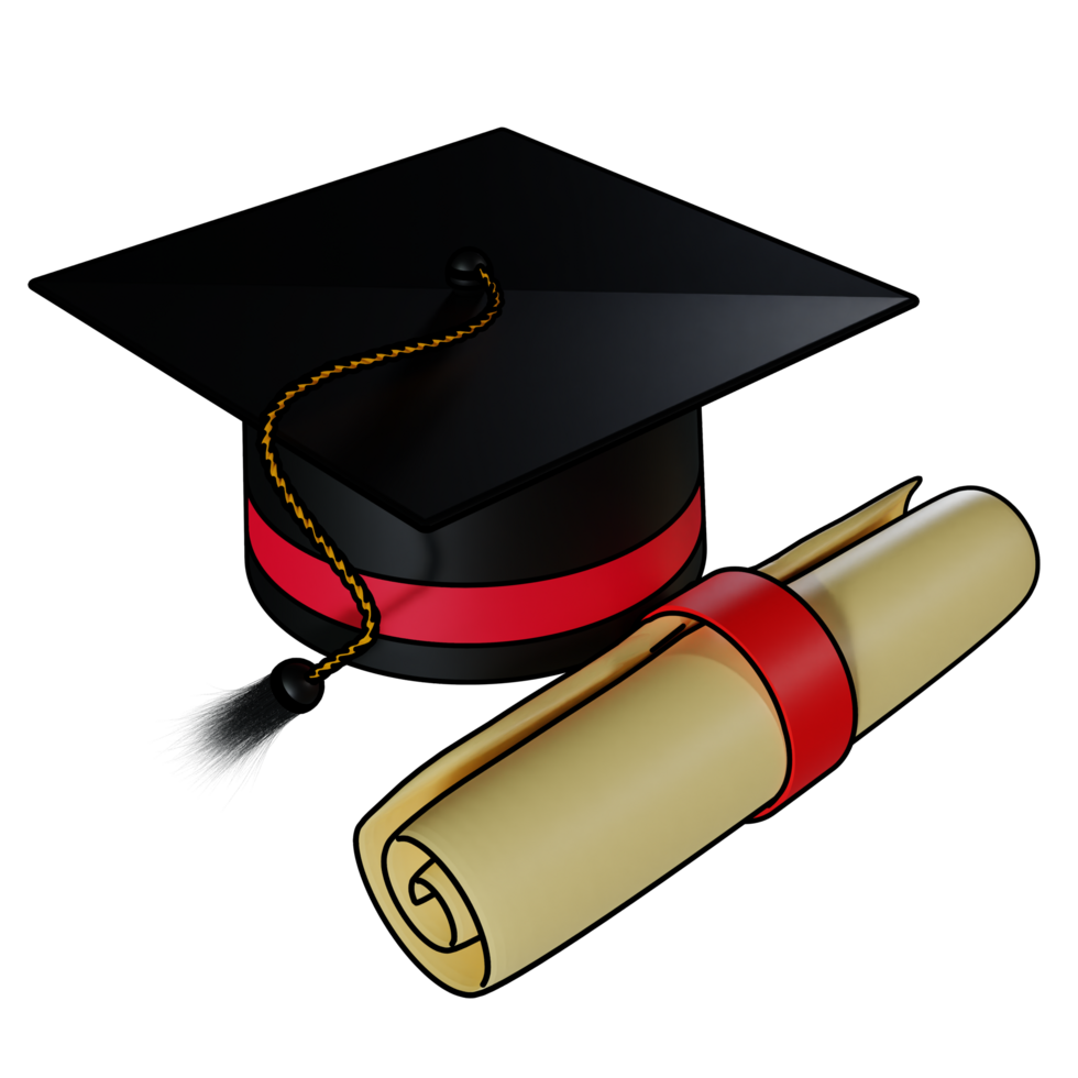 Graduation Hat and Diploma Red Black and Yellow Color png