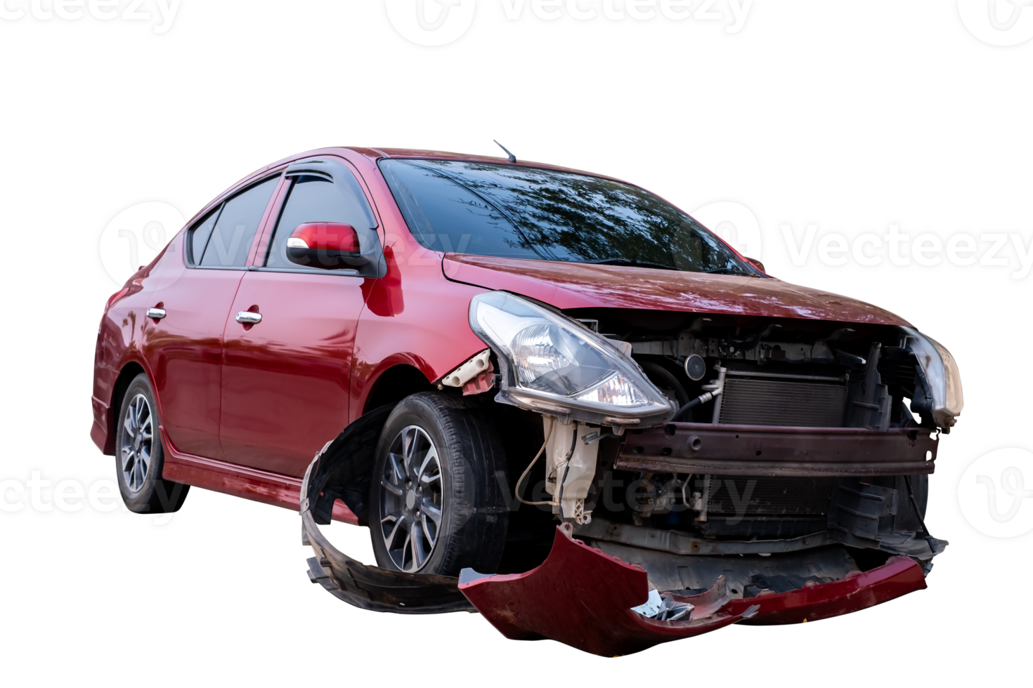 Car crash, Full body front and side view of red car get damaged by accident on the road. damaged cars after collision. Isolated on transparent background, car crash broken, File png