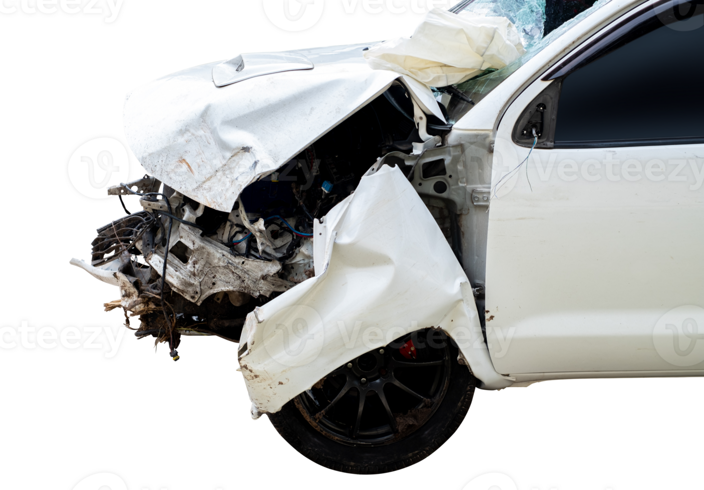 Car crash, Front and side view of white car get damaged by accident on the road. damaged cars after collision. Isolated on transparent background, car crash broken, File png