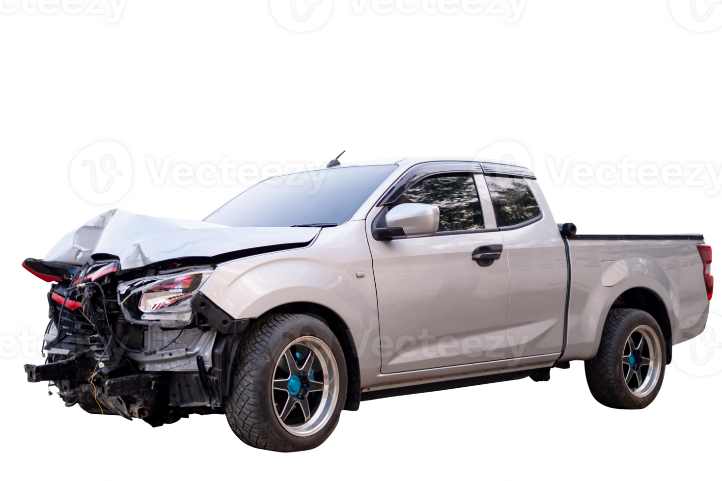 Front of gray or bronze pickup car get damaged by accident on the road. damaged cars after collision. isolated on transparent background, File png