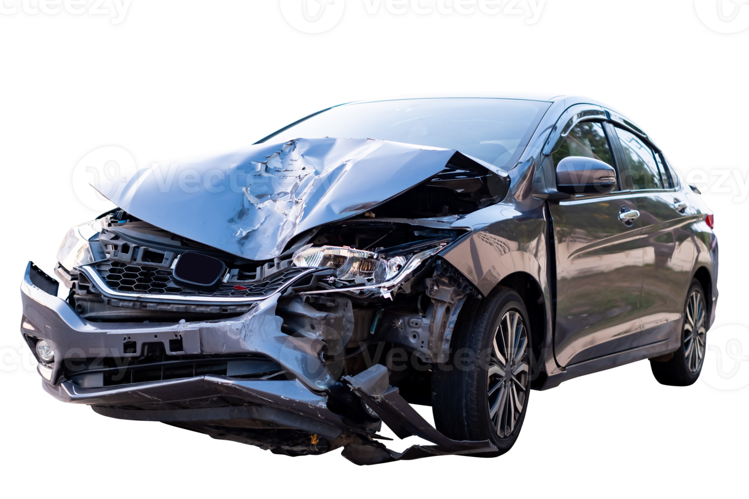 Car crash, Front and side of modern black car get damaged by accident on the road. damaged cars after collision. isolated on transparent background, File png