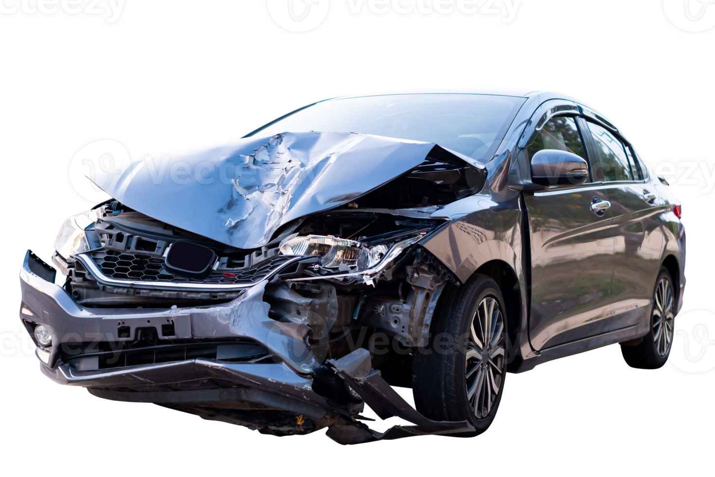 Car crash, Front and side of modern black car get damaged by accident on the road. damaged cars after collision. isolated on transparent background, File png