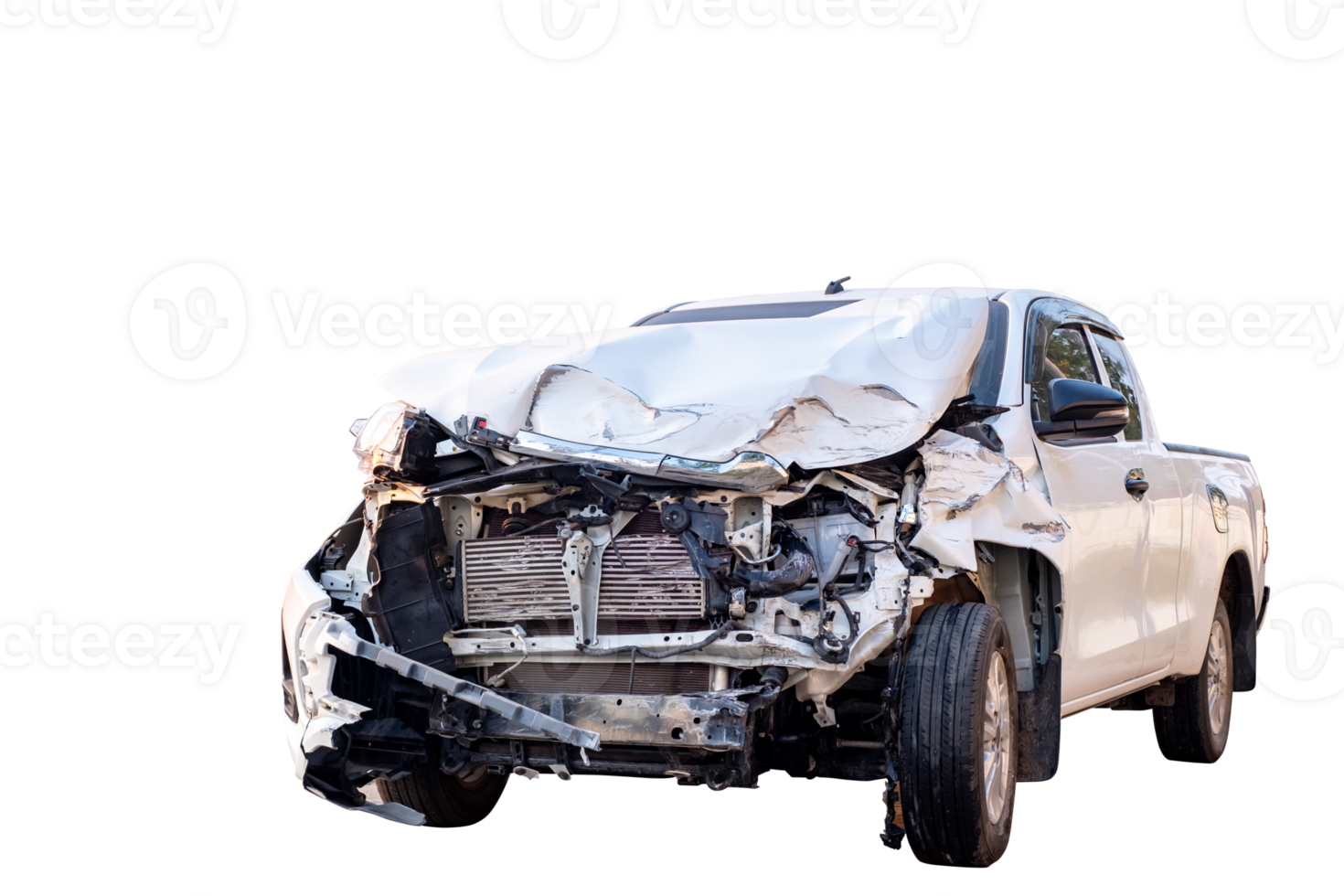 Front of gray or bronze pickup car get damaged by accident on the road. damaged cars after collision. isolated on transparent background, File png