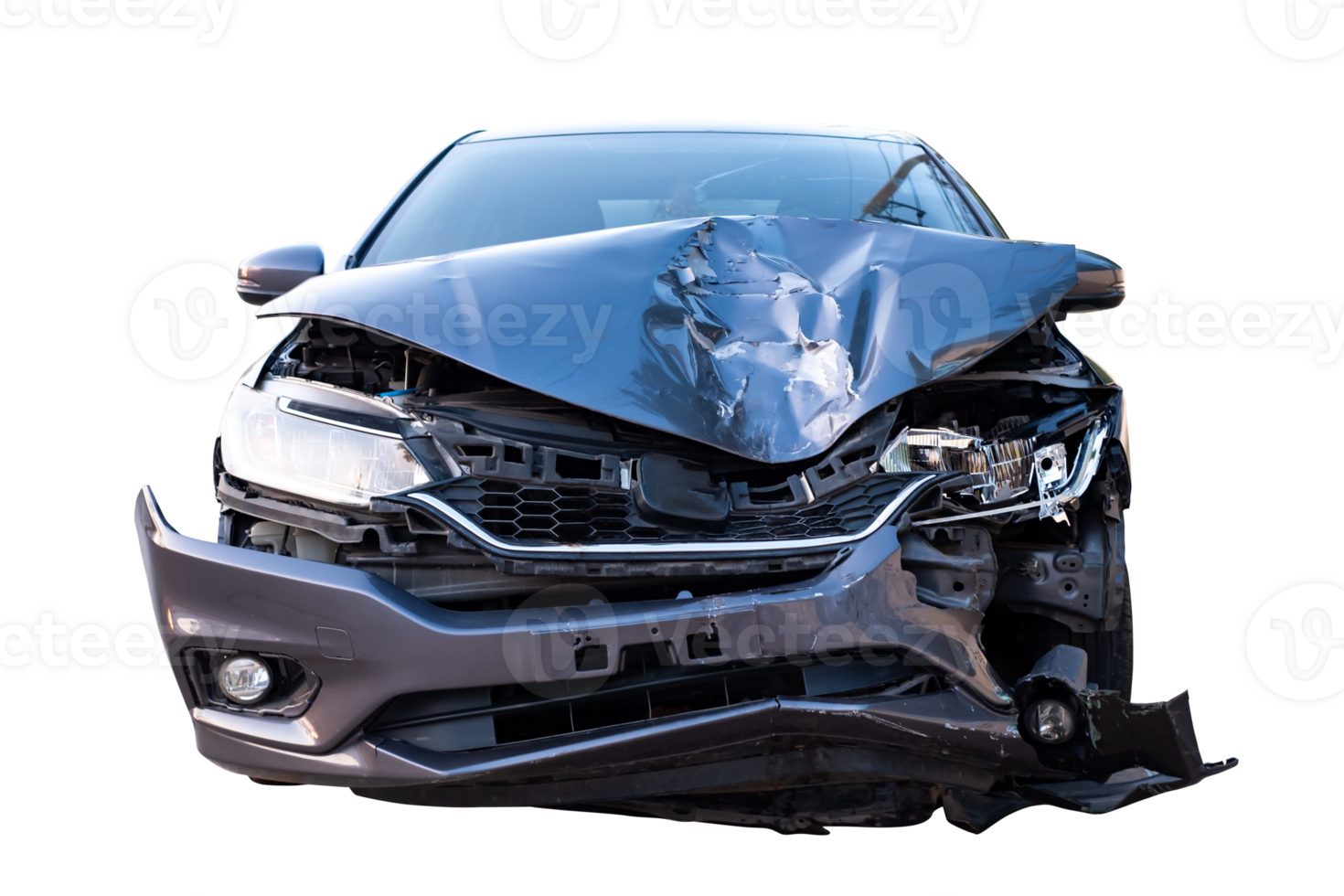 Car crash, Front view of new bronze car get damaged by accident on the road. damaged cars after collision. isolated on transparent background, car crash bumper graphic design element, File png