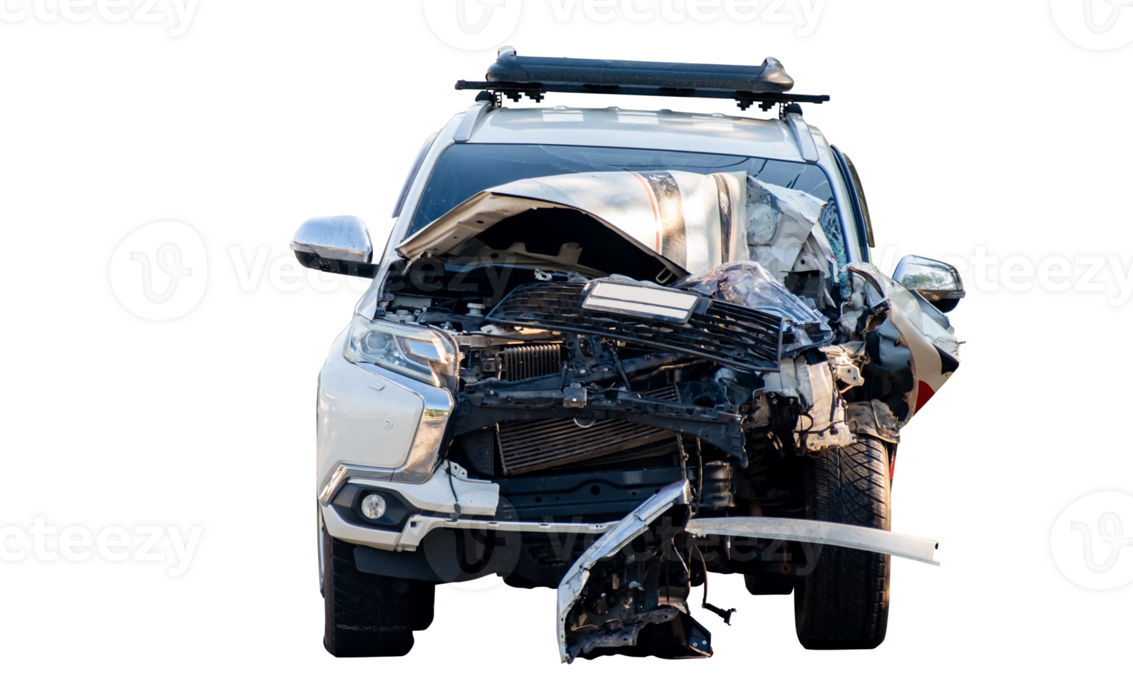 Full body front and side view of white car get damaged by accident on the road. damaged cars after collision. Isolated on transparent background, car crash broken, File png