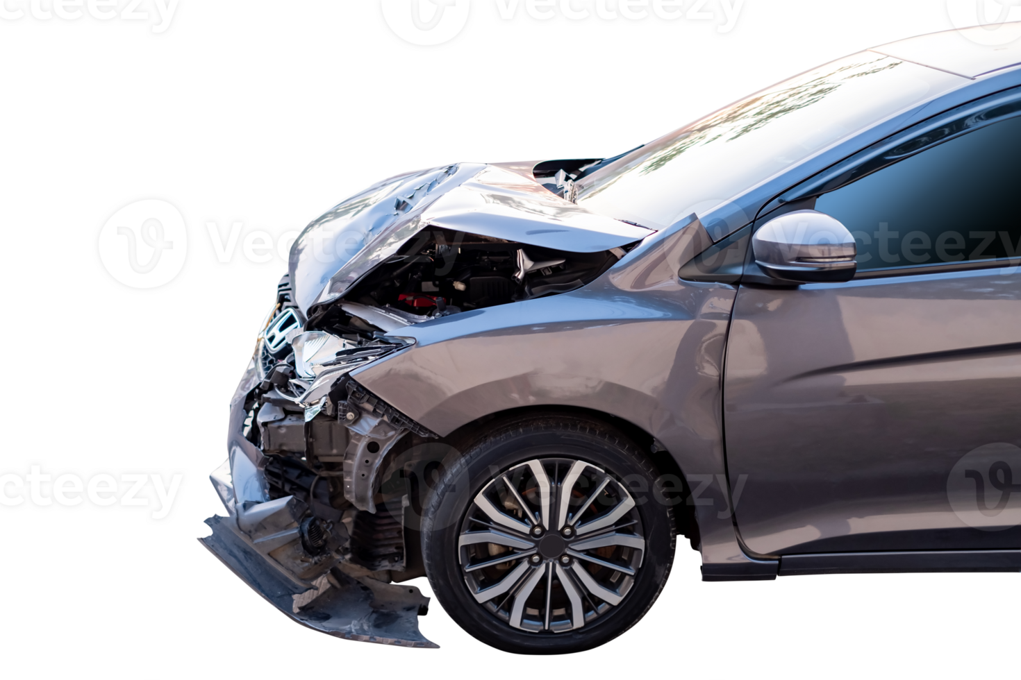 Car crash, Front and side view of modern black car get damaged by accident on the road. damaged cars after collision. isolated on transparent background. File png