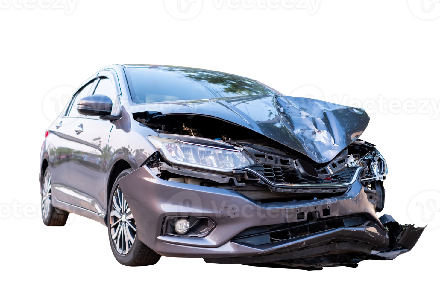 Car crash, Front and side view of modern black car get damaged by accident on the road. damaged cars after collision. isolated on white background with clipping path include png