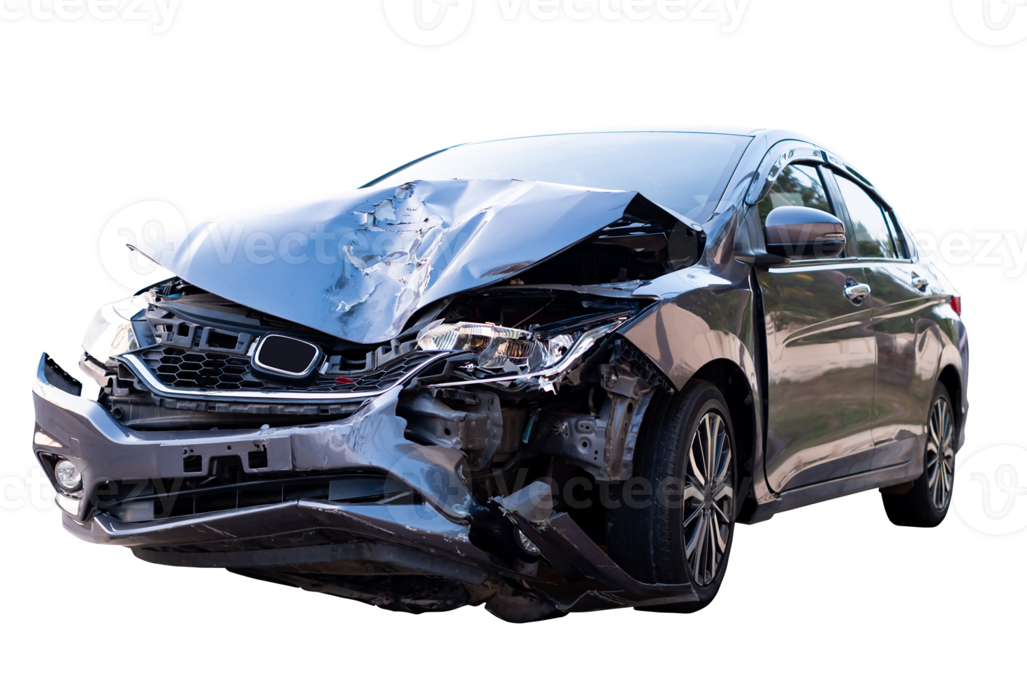 Car crash, Front and side of modern black car get damaged by accident on the road. damaged cars after collision. isolated transparent background, File png